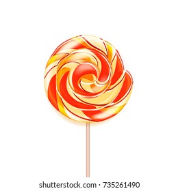 Swirled candy of orange and red color tasty lollipop vector illustration isolated on white background. Sweet bonbon on stick, caramel confectionery