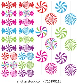 Swirled candy peppermints as hard candies, lollipops, and wrapped candies in red, pink, green, blue, purple, and rainbow colors