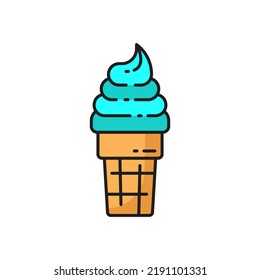 Swirled Creamy Mint Or Bubble Gum Ice Cream In Wafer Cone Isolated Blue Color Line Icon. Vector Refreshing Cold Takeaway Food, Fastfood Snack. Whipped Caramelized Thin Line Icecream In Waffle Cone