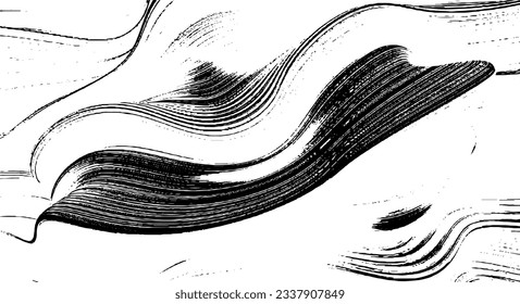 Tiras giradas y curvadas y textura de trazos de pincel. Imitación de la atracción de mármol o acrílico. El fondo es frío y rápido. Ilustración del vector abstracto. Negro aislado en blanco. EPS10 