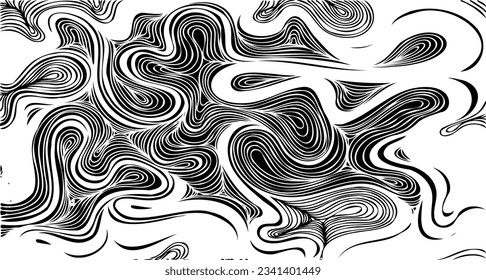 Swirled and curled stripes and brush strokes texture. Marble or acrylic atrwork imitation. Cool and swirly background. Abstract vector illustration. Black isolated on white. EPS10 