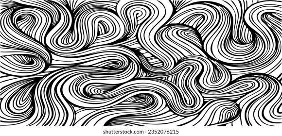 Swirled and curled stripes and brush strokes texture. Marble or acrylic atrwork imitation. Cool and swirly background. Abstract vector illustration. Black isolated on white. EPS10