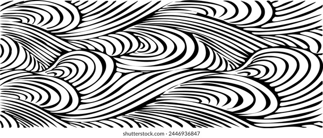 Swirled and curled stripes and brush strokes texture. Marble or acrylic atrwork imitation. Cool and swirly background. Abstract vector illustration. Black isolated on white. EPS10 