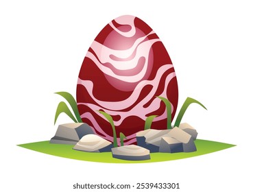 Swirled dinosaur egg in grassy nest with rocks and plants around. Vector cartoon illustration