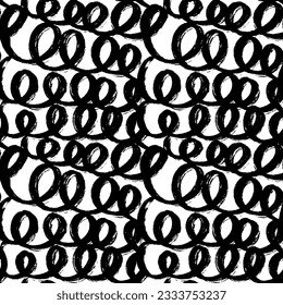 Swirled grunge lines seamless pattern. Bold dry brush strokes, swirls, curly lines. Black paint textured hand drawn vector background. Doodle and freehand ornament for wrapping paper.