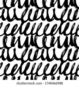 Swirled grunge lines vector seamless pattern. Horizontal brush strokes, swirls, curly lines. Black paint hand drawn background. Doodle and freehand ornament for wrapping paper. 