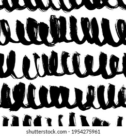 Swirled grunge lines vector seamless pattern. Horizontal brush strokes, swirls, loop lines. Black paint hand drawn background. Geometric ornament for wrapping paper. Dry brushstrokes pattern.