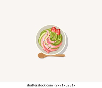 Swirled matcha green tea and strawberry soft serve ice cream with colorful sprinkles and fresh strawberry slices vector illustration.
