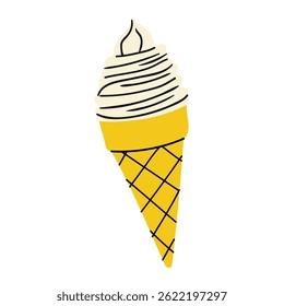 Swirled soft serve ice cream cone with a bright yellow waffle cone design