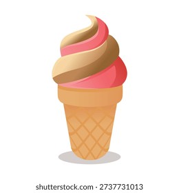 Swirled soft serve ice cream in waffle cone illustrated in bright flat vector style