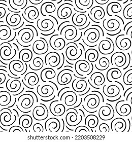 Swirled and spiral thin lines seamless pattern. Hand drawn vector ornament in Memphis style. Retro fashion style 80-90s with curved thin brush strokes. Abstract black and white background design. 