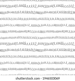 Swirled thin lines vector seamless pattern. Horizontal ink pen scribbles, swirls, loop lines. Black paint hand drawn background. Geometric ornament for wrapping paper. Doodle hand drawn black elements