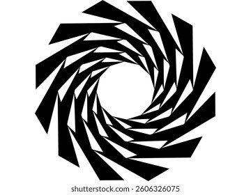 Swirled vector design element black on white background. Round dynamic striped pattern. Abstract ring. Vector spiral background. Drill, star, cutter. Disc. Tornado logo. Sharp rays. Decorative rosette
