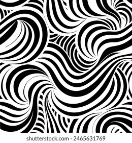 Swirled zebra stripe seamless pattern in black and white vector. A bold and abstract design with motion and wave flow, ideal for modern fashion, textiles, and dynamic backgrounds.