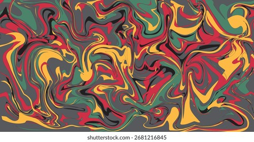 Obra de arte abstracta con líneas fluidas y colores vibrantes. La Imagen presenta una mezcla de rojo, amarillo, verde y negro sobre un fondo gris.