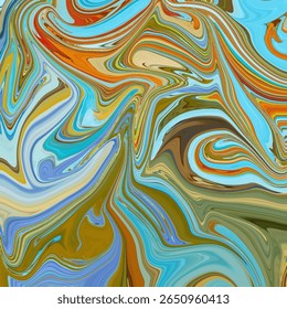 Swirling abstract background of orange, blue, and beige tones. Bright and energetic marbled pattern for art or design themes. Colorful, fluid, art, abstract, dynamic.