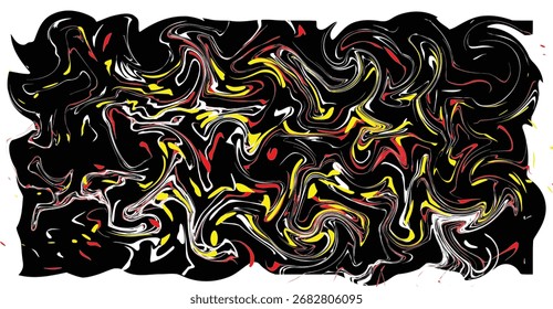A swirling abstract composition featuring flowing lines of black, white, red, and yellow, creating a dynamic and organic pattern.