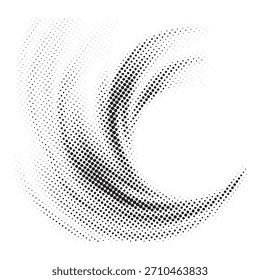 Un diseño abstracto de remolino compuesto de puntos de semitono negro, creando un efecto visual dinámico. Los puntos varían en densidad.