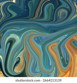 Swirling abstract oil paint texture in teal, gold, and navy tones, ideal for background, art, and modern design concepts.