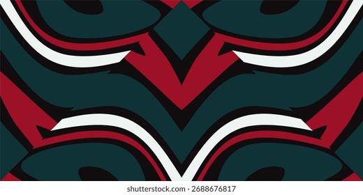 A Swirling Abstract Pattern Featuring Bold Curves in Deep Teal Red and White Accents.