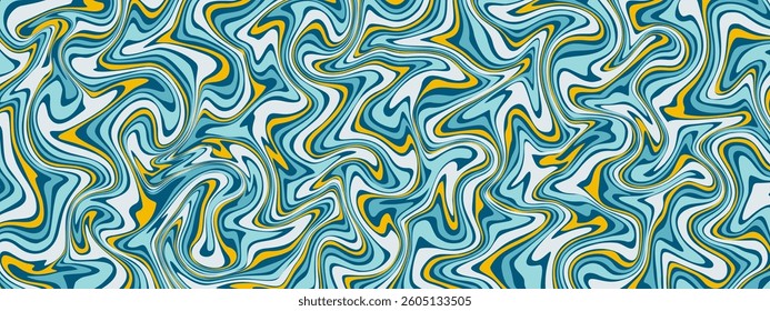 a swirling, abstract pattern with a liquid or marble-like effect. The design is composed of flowing lines and shapes in a color palette of white, light blue, dark blue, and yellow.