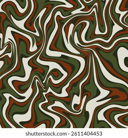 A swirling abstract vector design with camouflage-like colors in green, brown, and cream, featuring fluid, wavy shapes that create a dynamic, organic pattern.