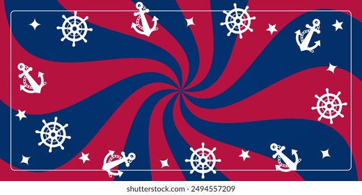 Swirling American Columbus Day Background. Sunlight Vortex with Star Icons, Anchor and ship rudder. Free Copy Space Area Design