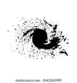 A swirling black ink splatter on a white background creates a dynamic abstract design. The ink is unevenly distributed with varying sized droplets and splashes. The central swirl is dark and intense.