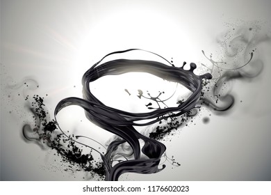 Swirling black liquids and ashes elements in 3d illustration