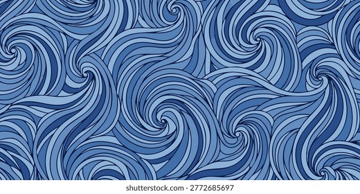 The swirling blue waves crash against the shore in a mesmerizing display.