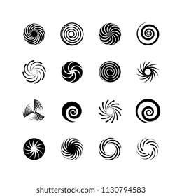 Swirling circles. Abstract spirals and liquid twirls. Hypnotic shapes black vector graphic isolated on white background. Spiral circle, twirl and swirl rotation icon of collection illustration