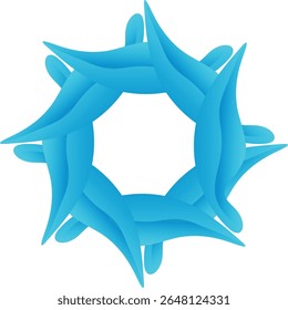 Um design circular giratório com camadas, entrelaçamento azul fluido pétalas formas. Dinâmico, abstrato e vibrante no branco.