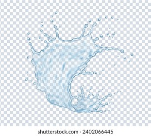 Swirling clear water splash with drops realistic vector illustration. Pure fresh liquid with droplets 3d element on transparent mesh background