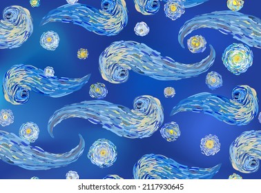 Swirling clouds and bright stars on  blue sky abstract background. Seamless vector pattern in impressionist style.