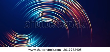 Swirling colorful light trails on dark blue abstract background