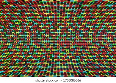 Schwirbelnder bunter Vektorhintergrund. Digitale Quadrat-Zellstruktur. Abstraktes geometrisches Muster. Wicker strukturierte Tapete. Web-Design-Hintergrund. mehrfarbige Abstraktion. Futuristische Cover-Vorlage