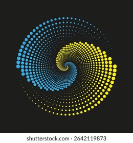 Swirling dot spiral. Blue yellow vector. Radial vortex shape. Black circular background.