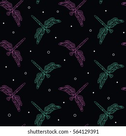 Swirling dragonfly in the night  among fluffs, glowworms or perhaps snowflakes. Seamless pattern. Vector illustration