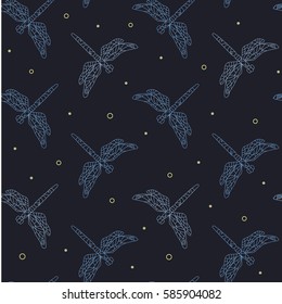 Swirling dragonfly in the night  among fluffs, glowworms or perhaps snowflakes. Seamless pattern. Vector illustration
