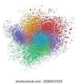 Swirling dry Holi powder in blue, red, yellow, and purple isolated on a white background for festive and fun designs