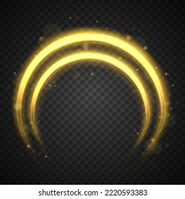 Swirling dynamic neon circle. Golden shiny spiral wave sparks. Curved yellow speed line twirl. Glittering wavy trail. Magic gold whirlwind with flare sparkles. Glow swirl light bokeh effect. Vector	
