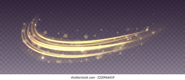 Swirling dynamic neon circle. Golden shiny spiral wave sparks. Curved yellow speed line twirl. Glittering wavy trail. Magic gold whirlwind with flare sparkles. Glow swirl light bokeh effect. Vector	