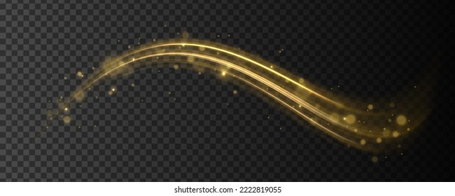 Swirling dynamic neon circle. Golden shiny spiral wave sparks. Curved yellow speed line twirl. Glittering wavy trail. Magic gold whirlwind with flare sparkles. Glow swirl light bokeh effect. Vector	