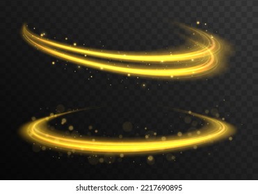Swirling dynamic neon circle. Magic gold whirlwind with flare sparkles. Golden shiny spiral wave sparks. Curved yellow speed line twirl. Glittering wavy trail. Glow swirl light bokeh effect. Vector	