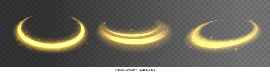Swirling dynamic neon circle. Magic gold whirlwind with flare sparkles. Golden shiny spiral wave sparks. Curved yellow speed line twirl. Glittering wavy trail. Glow swirl light bokeh effect. Vector	