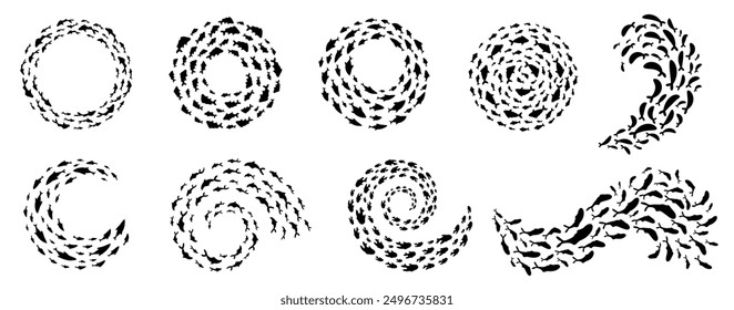 Swirling fish shoals creating dynamic spirals in the ocean. These mesmerizing underwater and marine life schools form elegant frame and border for aquatic graphic or logo design.