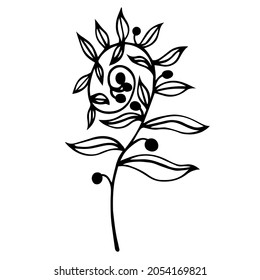 Swirling flower vector icon. Hand drawn doodle. A twig with veined leaves, round seeds. Botanical sketch. Black and white concept for decoration and design of cards, invitations, stationery, textiles