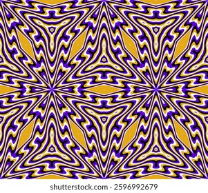 Swirling, fluid geometric pattern in warm gold and purple tones, creating a mesmerizing visual effect. Ideal for wallpapers, textiles, and digital designs.