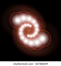 Swirling fractal spiral, consisting of two intersecting rays of bright lights in the night sky.