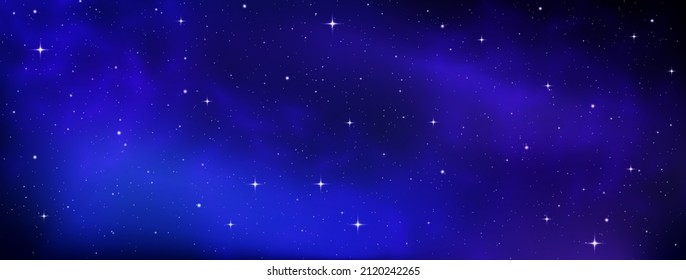 Swirling galaxy and stars in dark blue and purple sky. Space background with realistic violet nebula and shining star. Colorful space with stardust in deep universe. Vector illustration.